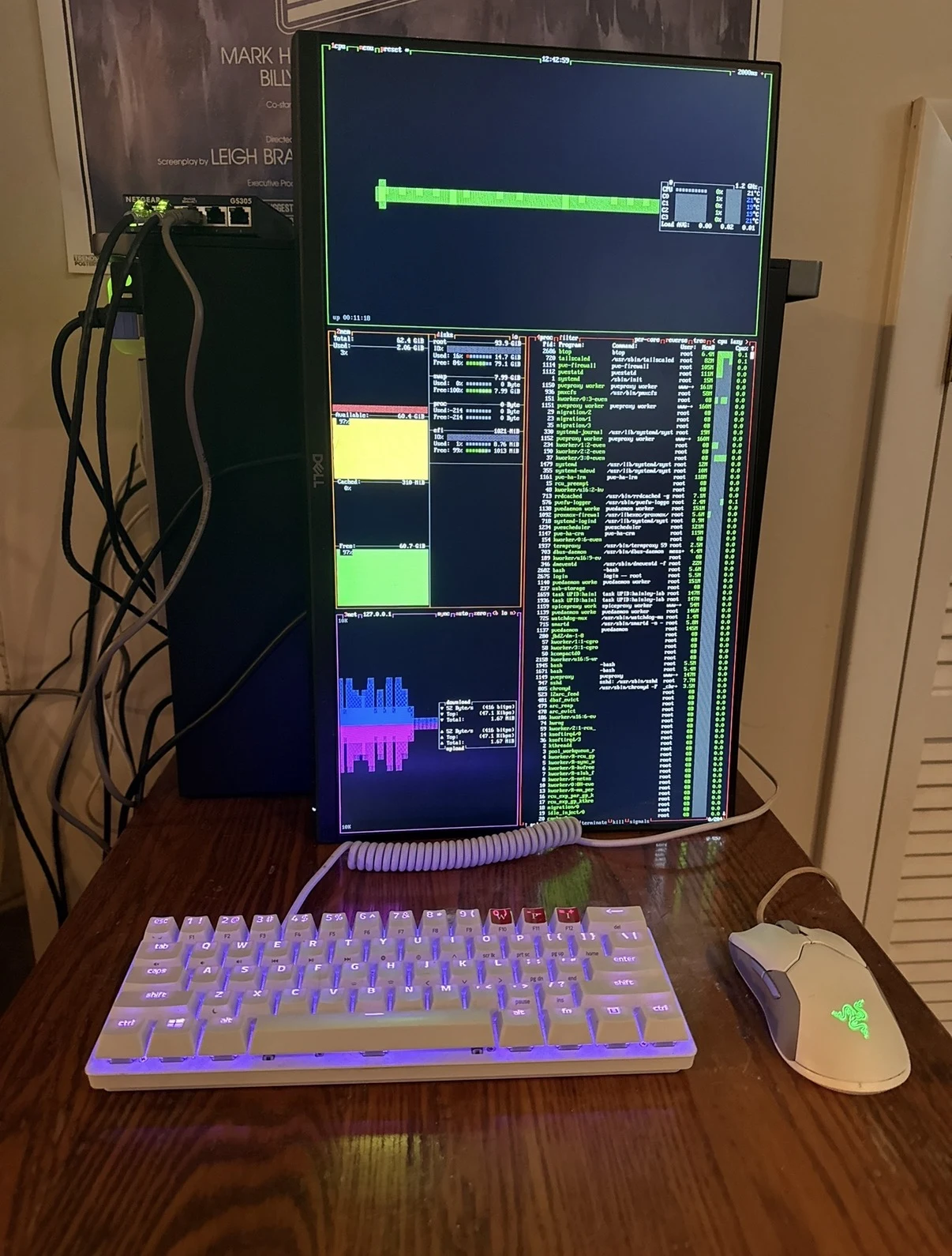 My homelab setup with system monitoring on a portrait display